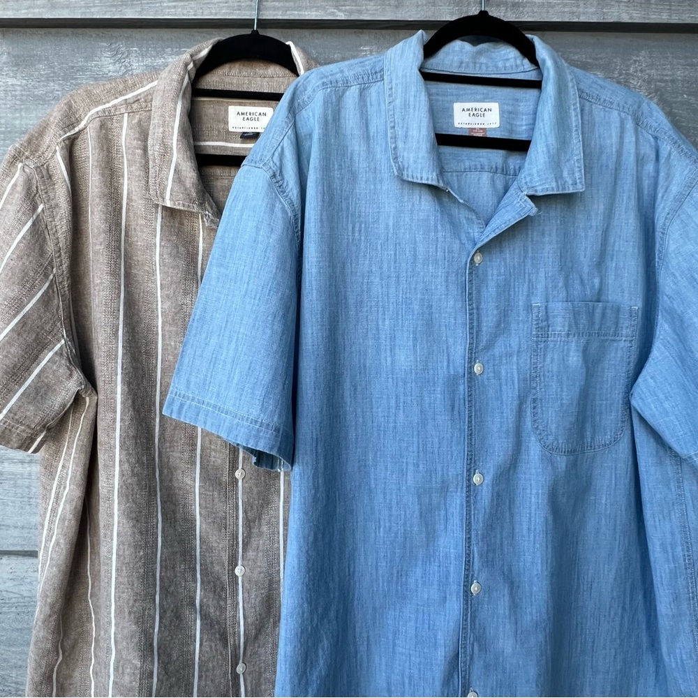 American Eagle Men's 2XL Shirts Short Sleeve Button Up Linen/Cotton Lot of 2 EUC